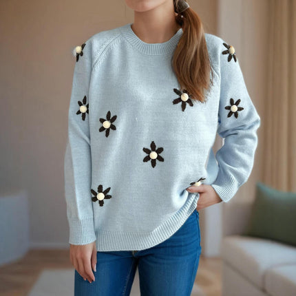 Round Neck Embroidered Flower Knitted Sweater Women's Long Sleeve Casual Retro Pullover