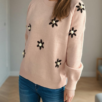 Round Neck Embroidered Flower Knitted Sweater Women's Long Sleeve Casual Retro Pullover