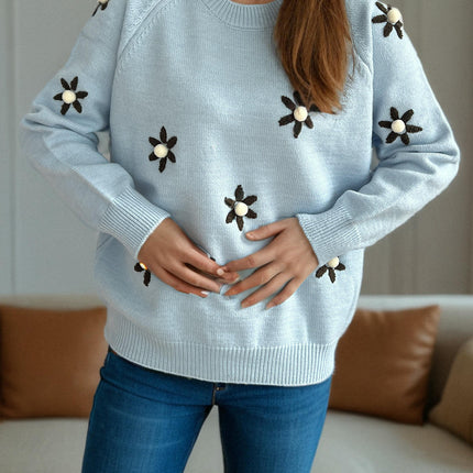 Round Neck Embroidered Flower Knitted Sweater Women's Long Sleeve Casual Retro Pullover