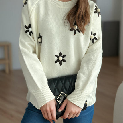 Round Neck Embroidered Flower Knitted Sweater Women's Long Sleeve Casual Retro Pullover
