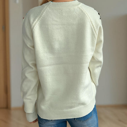 Round Neck Embroidered Flower Knitted Sweater Women's Long Sleeve Casual Retro Pullover
