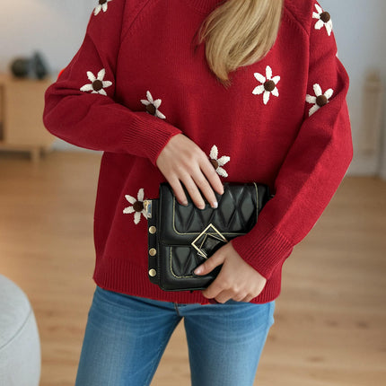 Round Neck Embroidered Flower Knitted Sweater Women's Long Sleeve Casual Retro Pullover