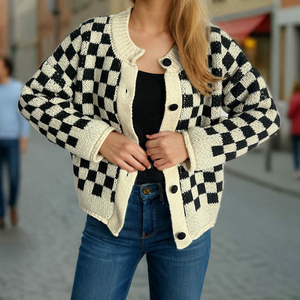 Women's Loose Knit Cardigan Round Neck Checkerboard Colorblock Sweater