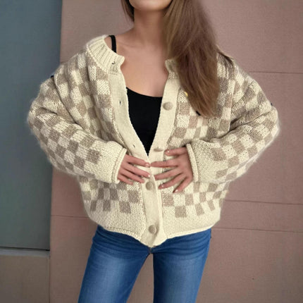 Women's Loose Knit Cardigan Round Neck Checkerboard Colorblock Sweater