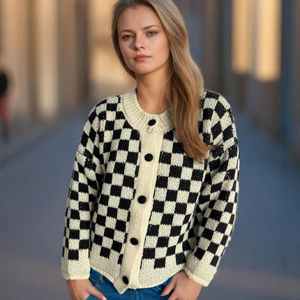 Women's Loose Knit Cardigan Round Neck Checkerboard Colorblock Sweater