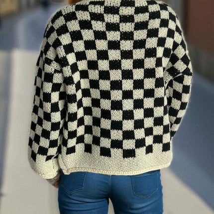 Women's Loose Knit Cardigan Round Neck Checkerboard Colorblock Sweater