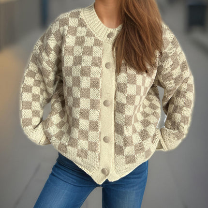 Women's Loose Knit Cardigan Round Neck Checkerboard Colorblock Sweater