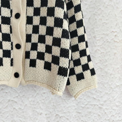 Women's Loose Knit Cardigan Round Neck Checkerboard Colorblock Sweater