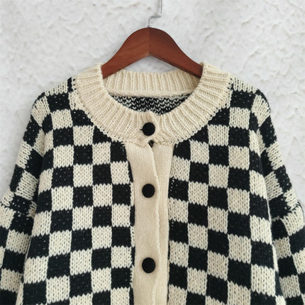 Women's Loose Knit Cardigan Round Neck Checkerboard Colorblock Sweater