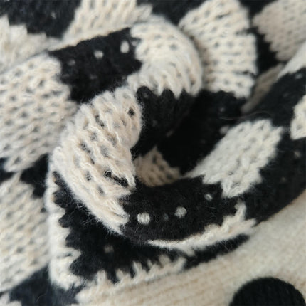 Women's Loose Knit Cardigan Round Neck Checkerboard Colorblock Sweater