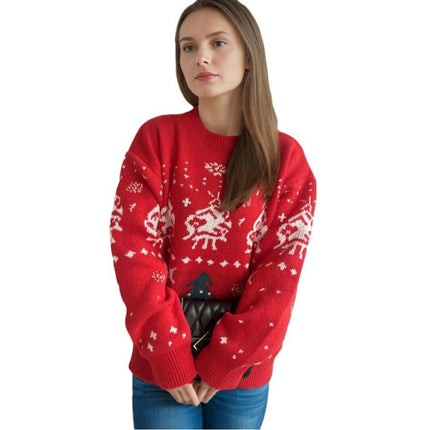 Christmas Sweater Round Neck Contrast Color Elk Christmas Tree Jacquard Sweater Women