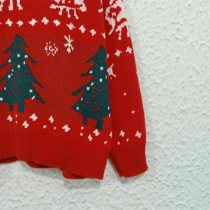 Christmas Sweater Round Neck Contrast Color Elk Christmas Tree Jacquard Sweater Women