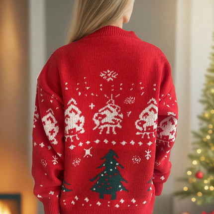Christmas Sweater Round Neck Contrast Color Elk Christmas Tree Jacquard Sweater Women