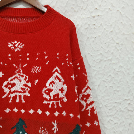 Christmas Sweater Round Neck Contrast Color Elk Christmas Tree Jacquard Sweater Women