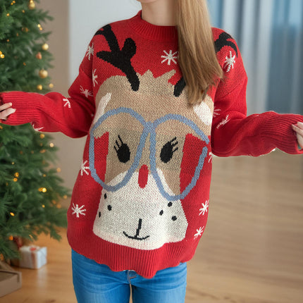 Cartoon Deer Women's Christmas Sweater Round Neck Jacquard Long Sleeve Knitted Pullover