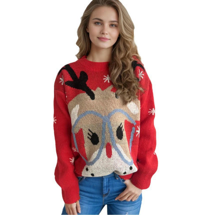 Cartoon Deer Women's Christmas Sweater Round Neck Jacquard Long Sleeve Knitted Pullover