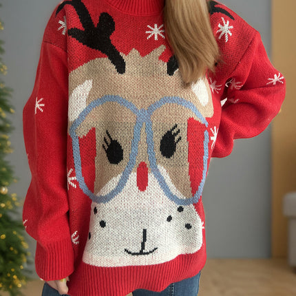 Cartoon Deer Women's Christmas Sweater Round Neck Jacquard Long Sleeve Knitted Pullover