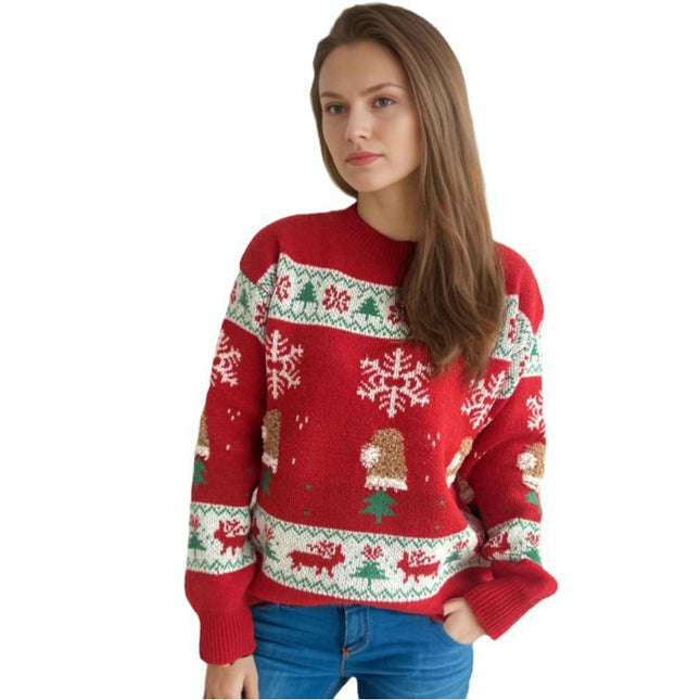 Christmas Stitching Jacquard Knitted Sweater Women's Round Neck Casual Pullover Top