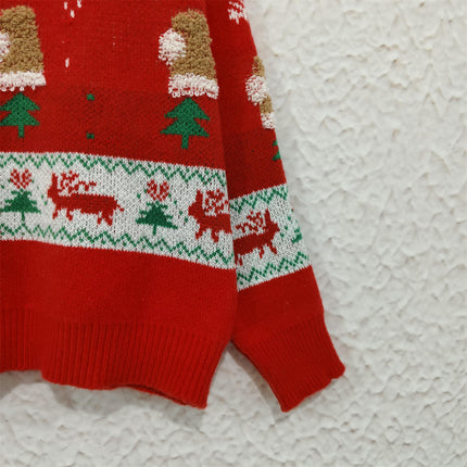 Christmas Stitching Jacquard Knitted Sweater Women's Round Neck Casual Pullover Top