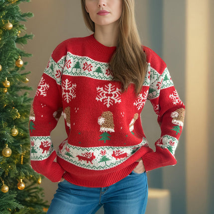 Christmas Stitching Jacquard Knitted Sweater Women's Round Neck Casual Pullover Top