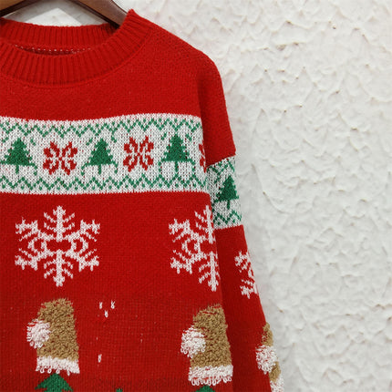 Christmas Stitching Jacquard Knitted Sweater Women's Round Neck Casual Pullover Top