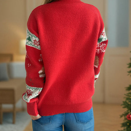 Christmas Stitching Jacquard Knitted Sweater Women's Round Neck Casual Pullover Top