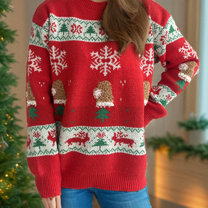 Christmas Stitching Jacquard Knitted Sweater Women's Round Neck Casual Pullover Top