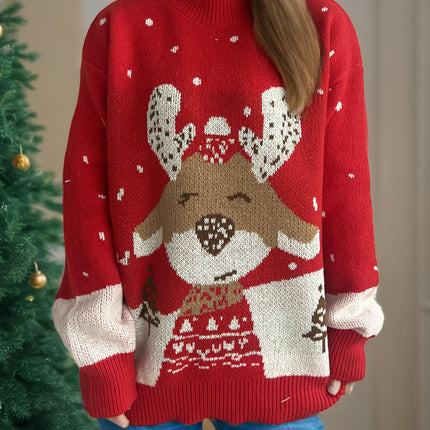 Christmas Colorblock Cartoon Deer Pullover Round Neck Loose Casual Jacquard Knitted Sweater