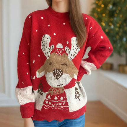 Christmas Colorblock Cartoon Deer Pullover Round Neck Loose Casual Jacquard Knitted Sweater