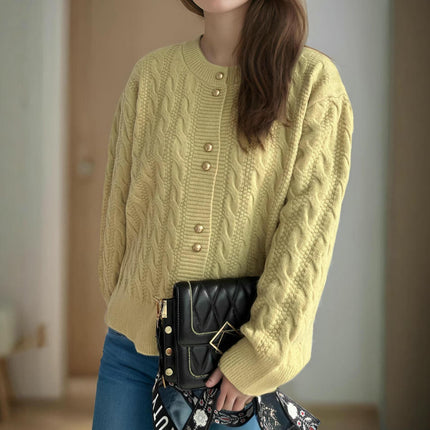 Round Neck Solid Color Cable Knit Cardigan Casual Sweater Women's Jacket