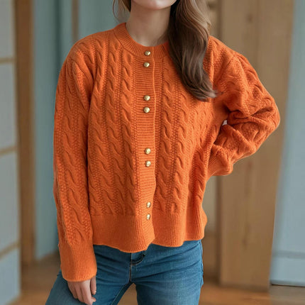Round Neck Solid Color Cable Knit Cardigan Casual Sweater Women's Jacket