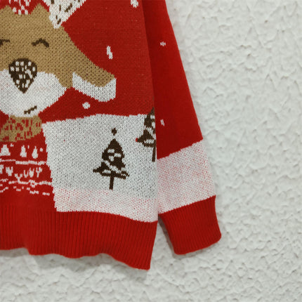 Christmas Colorblock Cartoon Deer Pullover Round Neck Loose Casual Jacquard Knitted Sweater