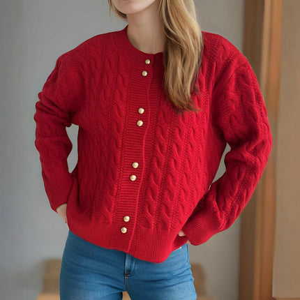 Round Neck Solid Color Cable Knit Cardigan Casual Sweater Women's Jacket