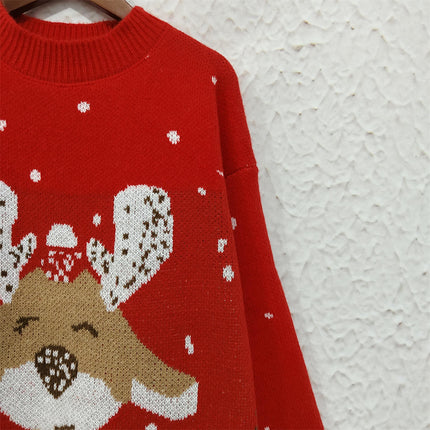 Christmas Colorblock Cartoon Deer Pullover Round Neck Loose Casual Jacquard Knitted Sweater