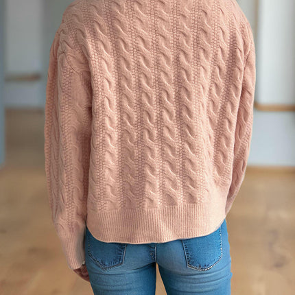 Round Neck Solid Color Cable Knit Cardigan Casual Sweater Women's Jacket