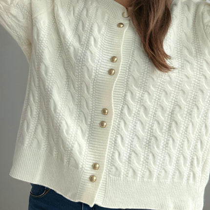 Round Neck Solid Color Cable Knit Cardigan Casual Sweater Women's Jacket