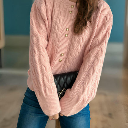 Round Neck Solid Color Cable Knit Cardigan Casual Sweater Women's Jacket