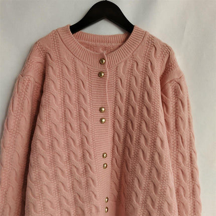 Round Neck Solid Color Cable Knit Cardigan Casual Sweater Women's Jacket