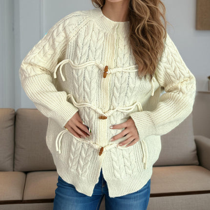 Solid Color Cable Knit Sweater Women's Coat Round Neck Horn Button Knit Cardigan
