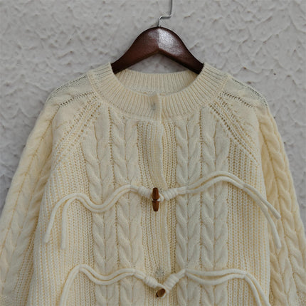 Solid Color Cable Knit Sweater Women's Coat Round Neck Horn Button Knit Cardigan