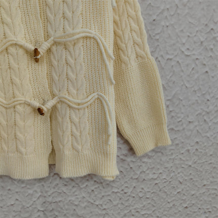 Solid Color Cable Knit Sweater Women's Coat Round Neck Horn Button Knit Cardigan