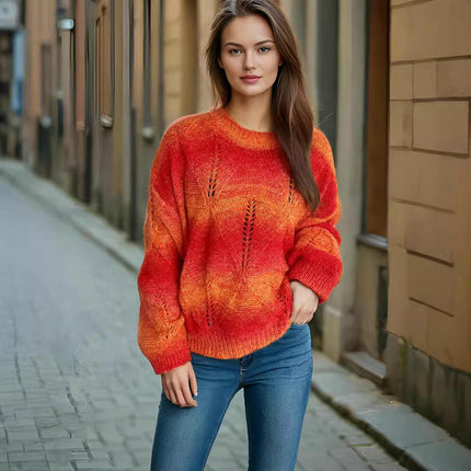 Women's Lightweight Rainbow Gradient Hollow Knitted Crew Neck Pullover Sweater