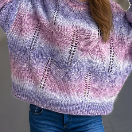 Women's Lightweight Rainbow Gradient Hollow Knitted Crew Neck Pullover Sweater