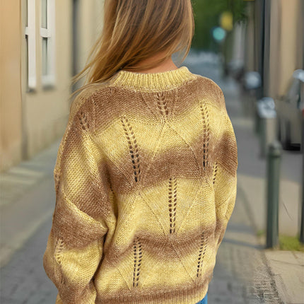 Women's Lightweight Rainbow Gradient Hollow Knitted Crew Neck Pullover Sweater