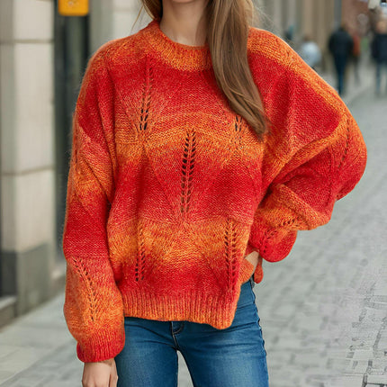 Women's Lightweight Rainbow Gradient Hollow Knitted Crew Neck Pullover Sweater