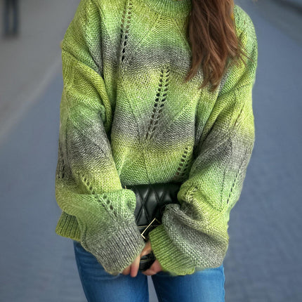 Women's Lightweight Rainbow Gradient Hollow Knitted Crew Neck Pullover Sweater