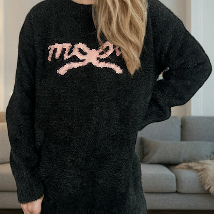 Lace-up Loose Bow Embroidered Sweater Women's Round Neck Casual Pullover