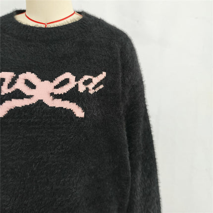 Lace-up Loose Bow Embroidered Sweater Women's Round Neck Casual Pullover