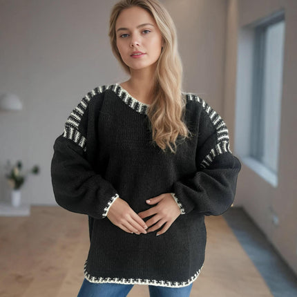 Loose Casual Stitching Knitted Sweater Women's Round Neck Long Sleeve Pullover