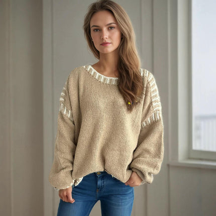 Loose Casual Stitching Knitted Sweater Women's Round Neck Long Sleeve Pullover